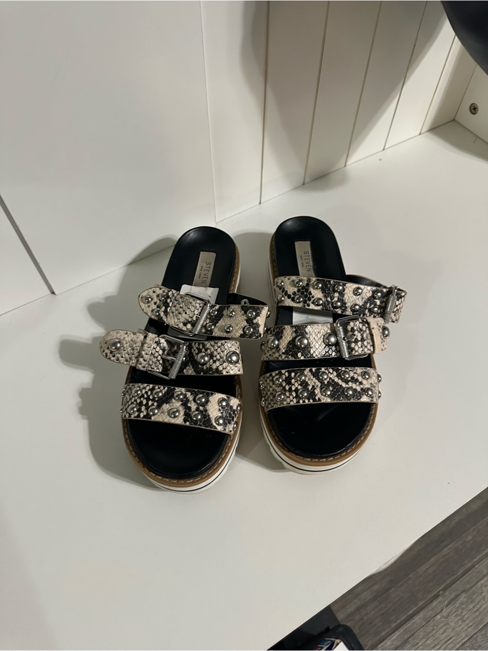 Steven By Steve Madden Snake-Print Multi-Stripe Buckle Sandals - Black & Beige